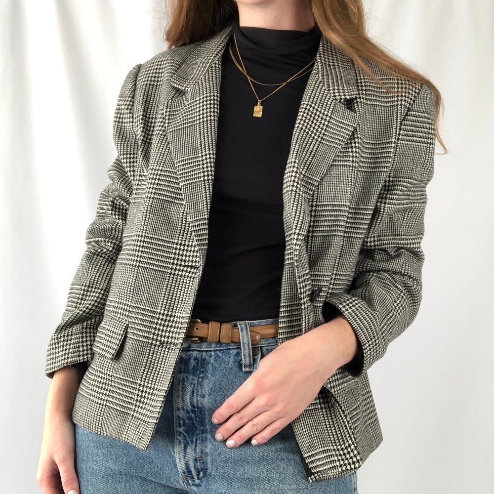Parisian Vintage Oversized Houndstooth Plaid Knit Wool Blend Blazer Jacket Coat - Picture 8 of 8